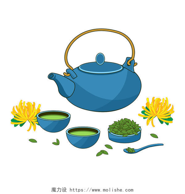 蓝色茶具和茶水清明茶元素清明节PNG素材清明元素